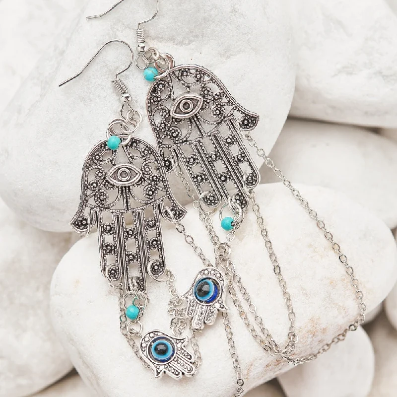 Ladies rings boho flair-Spiritual Hamsa Evil Eye Earrings