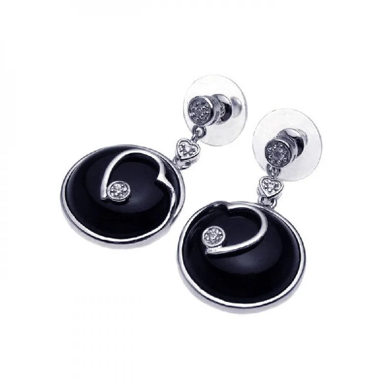 Ladies rings wedding accessories-Clearance-Silver 925 Rhodium Plated Heart Black Onyx CZ Dangling Earrings - BGE00092