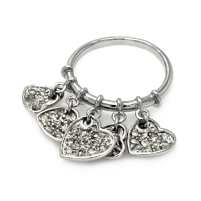 Ladies rings minimalist appeal-Clearance-Silver 925 Rhodium Plated Multi Dangling CZ Heart Ring - STR00187