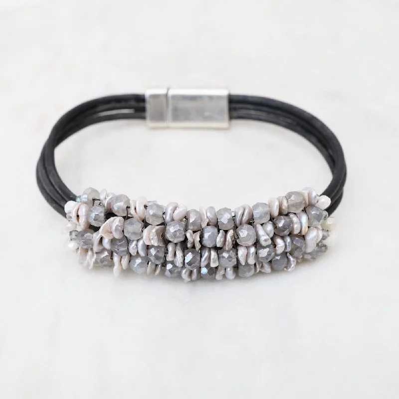 Ladies bracelets care tips-Hand Stitched Kishi Pearls & Mystic Grey Moonstone Black Leather Bracelet