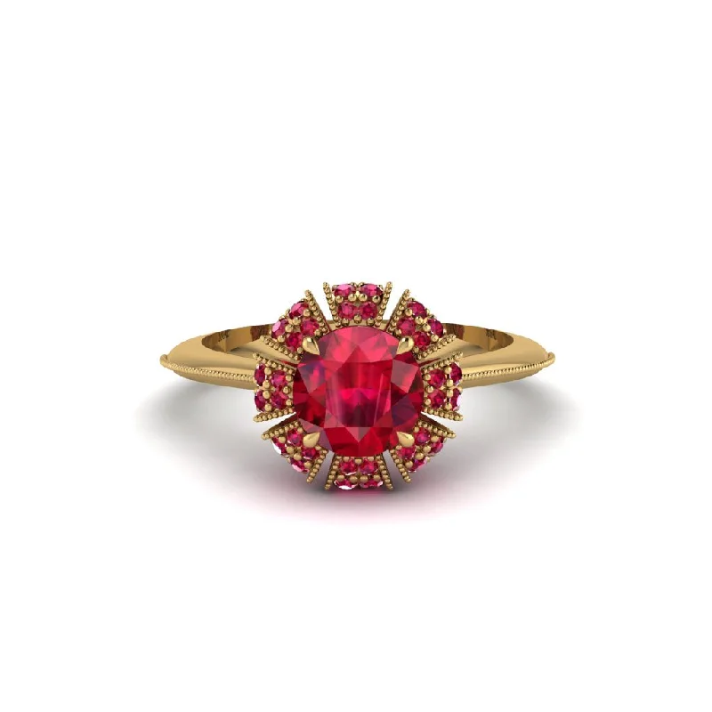 Ladies engagement rings statement pieces-Ruby Crown Halo Engagement Ring - Annie No. 55