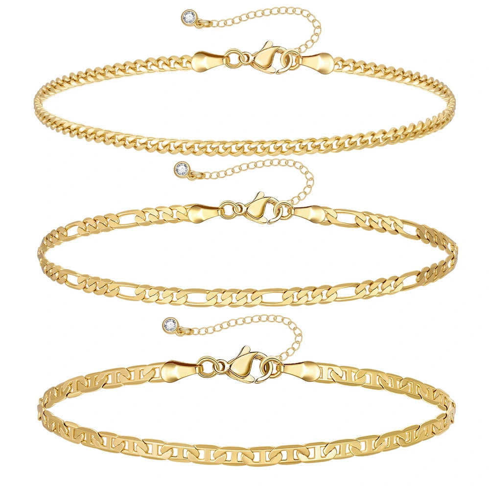 Ladies bracelets buying advice-Dainty 14k Gold Plated Layering Anklets Bracelets Set- Stud & 3mm Cuban & Figaro