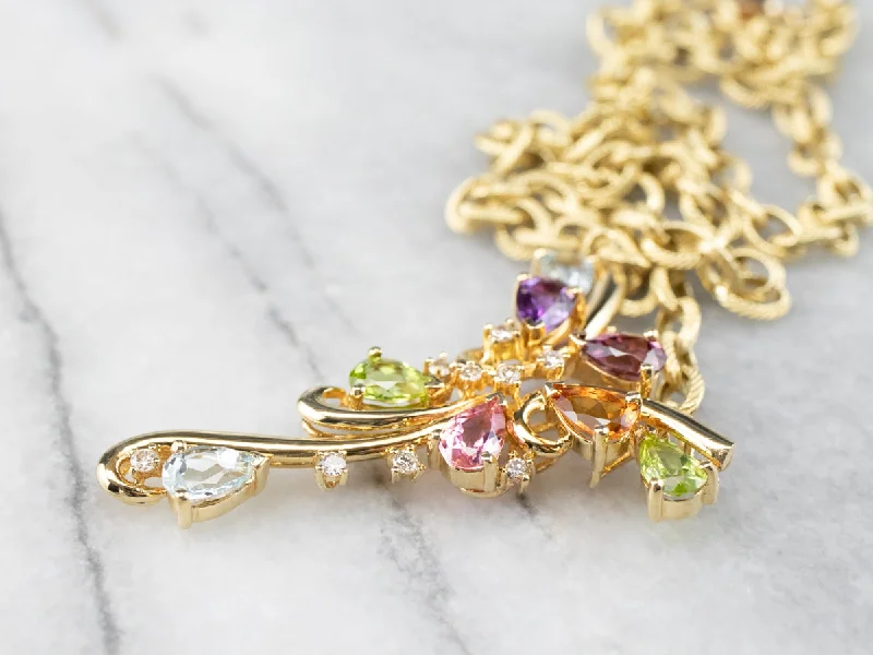 Rainbow Gemstone Gold Pendant Necklace