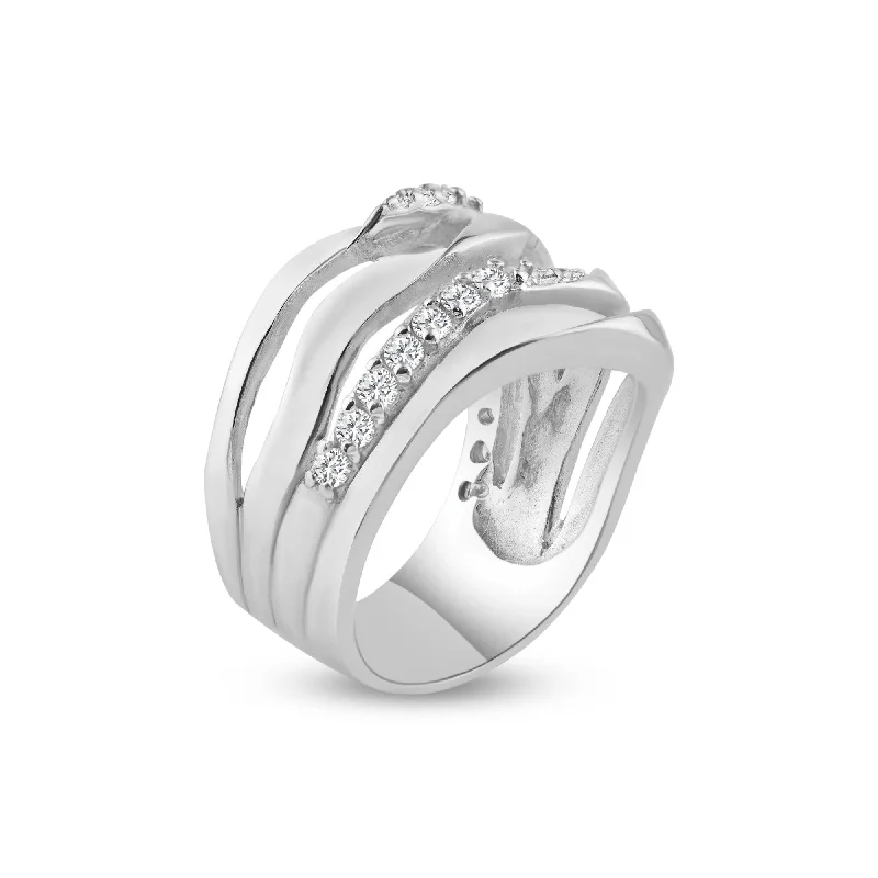 Ladies rings middle finger-Silver 925 Rhodium Plated Alternating CZ Ring - STR00349