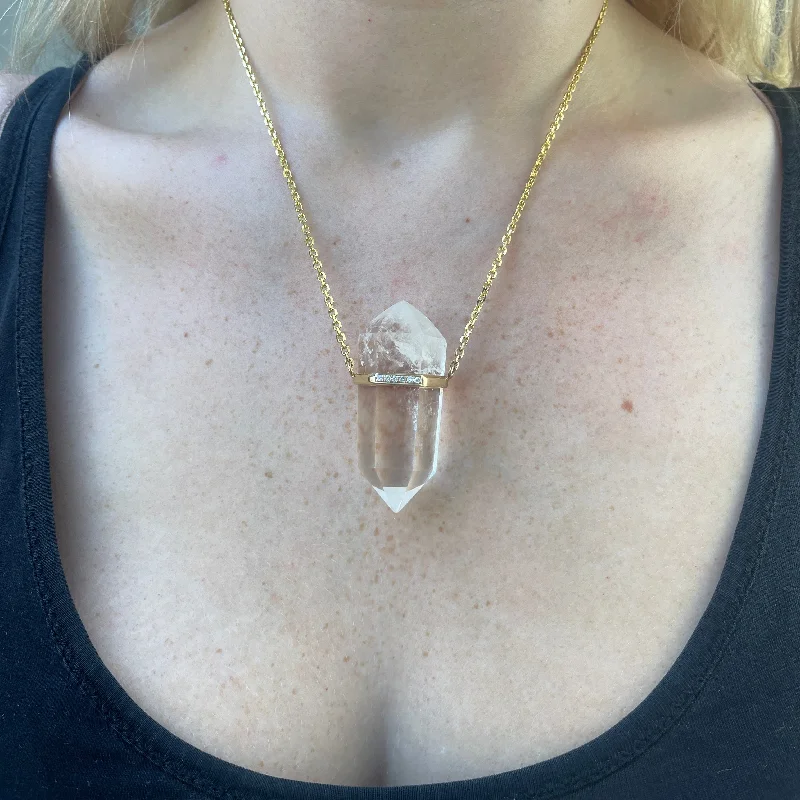 Quartz Crystal Pendant Necklace with Diamonds