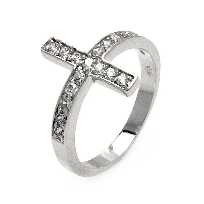 Ladies rings store locations-Silver 925 Rhodium Plated Clear Pave Set CZ Cross Ring - BGR00536