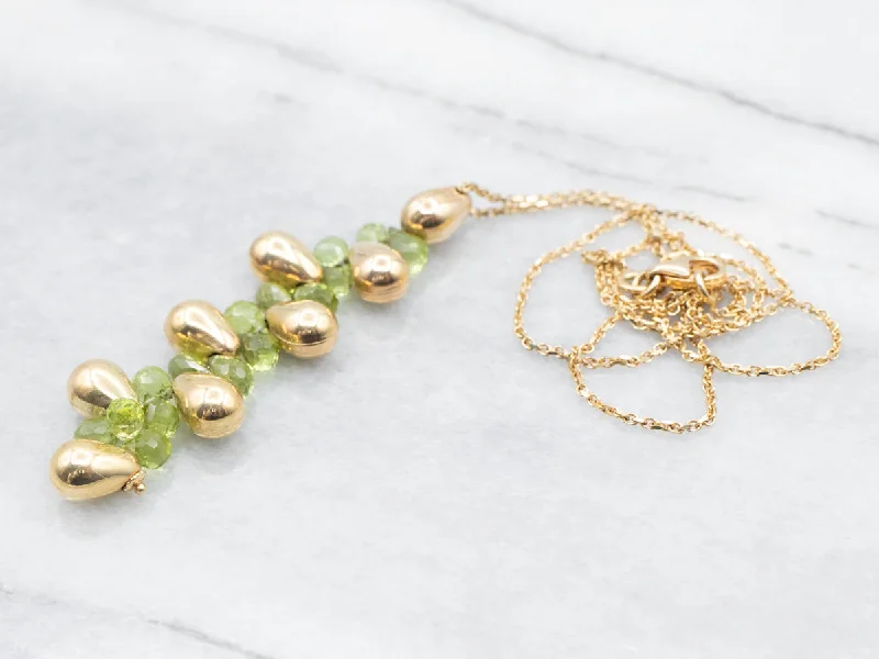 Briolette Cut Peridot and Gold Cluster Drop Necklace