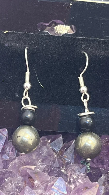 Ladies rings geometric shapes-Pyrite and Shungite Sterling Silver Hooks  Earrings