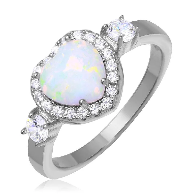 Ladies rings personalized-Rhodium Plated 925 Sterling Silver Halo Heart Ring with Synthetic Opal and CZ - BGR01043