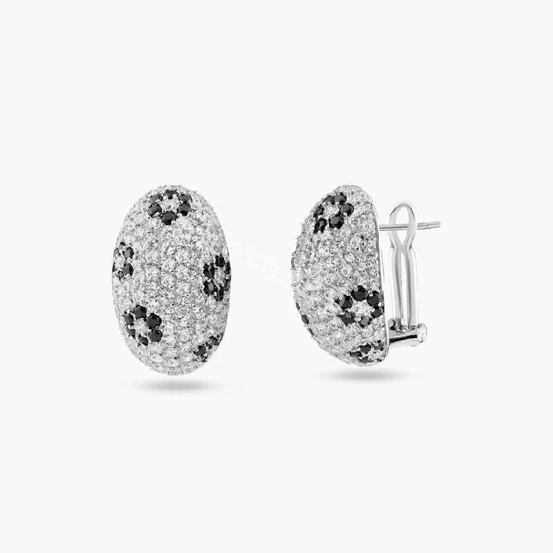 Ladies rings animal themes-Clearance-Silver 925 Rhodium Plated Oval Black and Clear CZ Lever Back Earrings - BGE00097