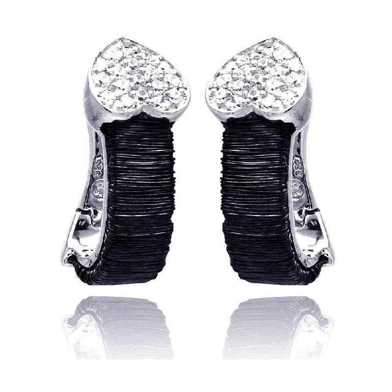 Ladies rings Asian designs-Clearance-925 Rhodium Plated Heart CZ Inlay Black Onyx Lever Back Earrings - BGE00133