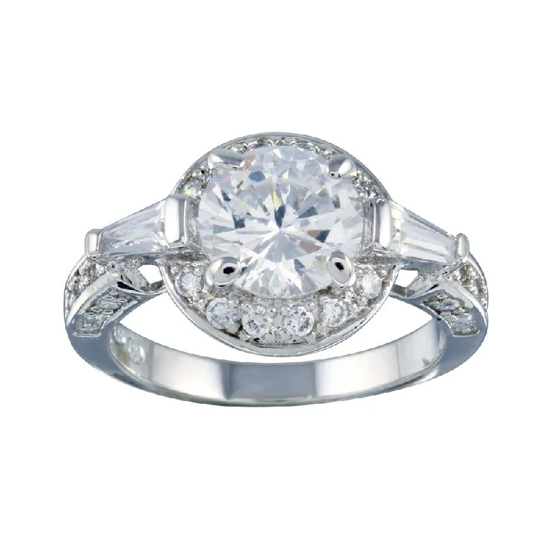 Ladies rings designer brands-Rhodium Plated 925 Sterling Silver Clear CZ Round Bridal Ring - BGR00254