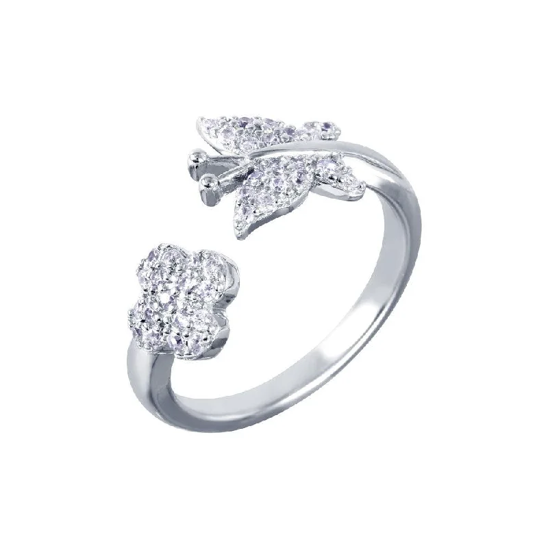 Ladies rings online shopping-Silver 925 Rhodium Plated Butterfly and Flower Open Ring with CZ Accents - BGR00987