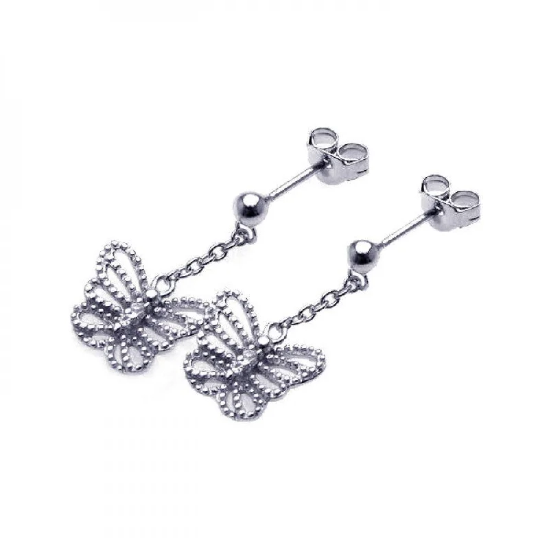 Ladies rings global brands-Silver 925 Rhodium Plated Butterfly CZ Dangling Wire Post Earrings - STE00527