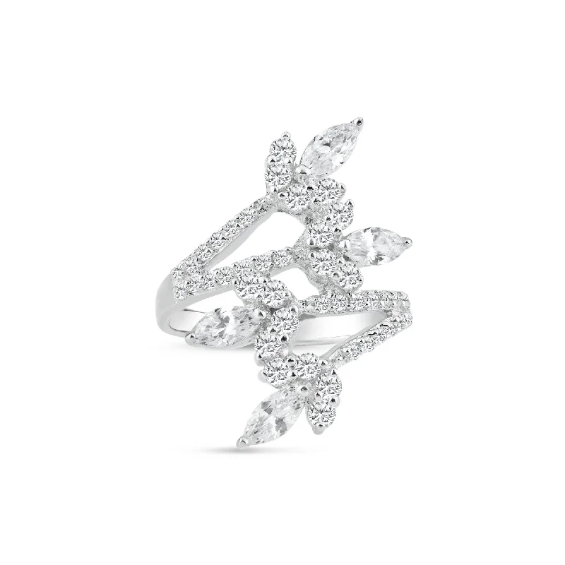 Ladies rings gold styles-Silver 925 Rhodium Plated CZ Flower Wrap Ring - STR00546