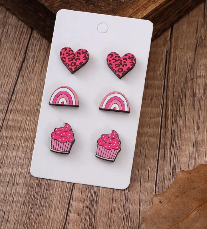 Ladies rings minimalist charm-Set of 3 Colorful Valentine Stud Earrings