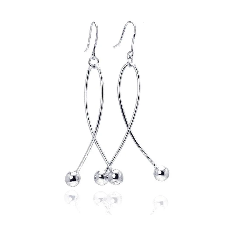 Ladies rings birthday surprises-Silver 925 Rhodium Plated Twisted Dangling Two Hanging Balls Hook Earrings - DSE00031