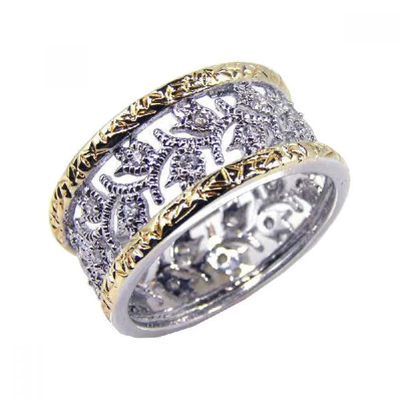 Ladies rings sentimental value-Silver 925 Rhodium and Gold Plated Border CZ Tulip Flower Ring - STR00329