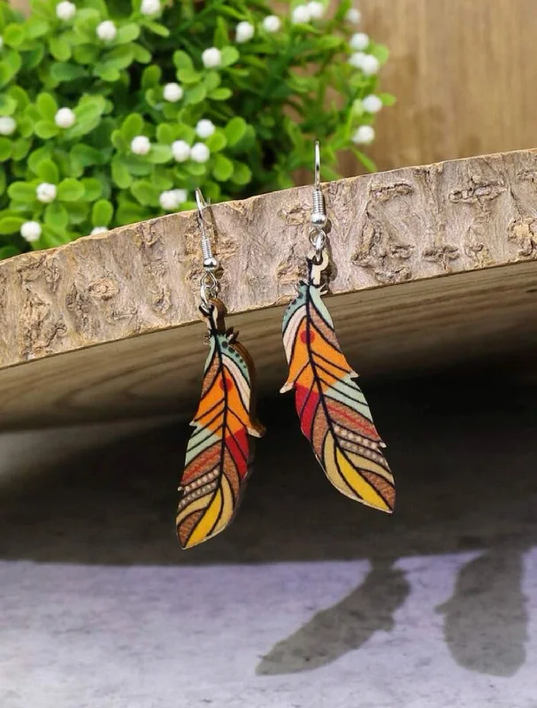 Ladies rings fashion trends-Wooden Painted Feather Earrings