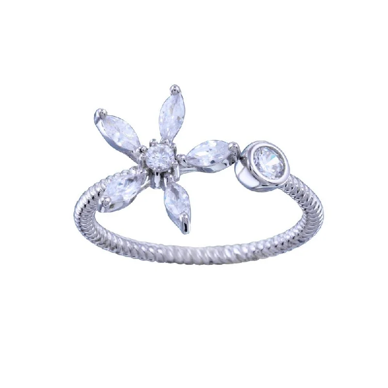 Ladies rings synthetic jewels-Rhodium Plated 925 Sterling Silver CZ  Flower Open Ring - STR01151