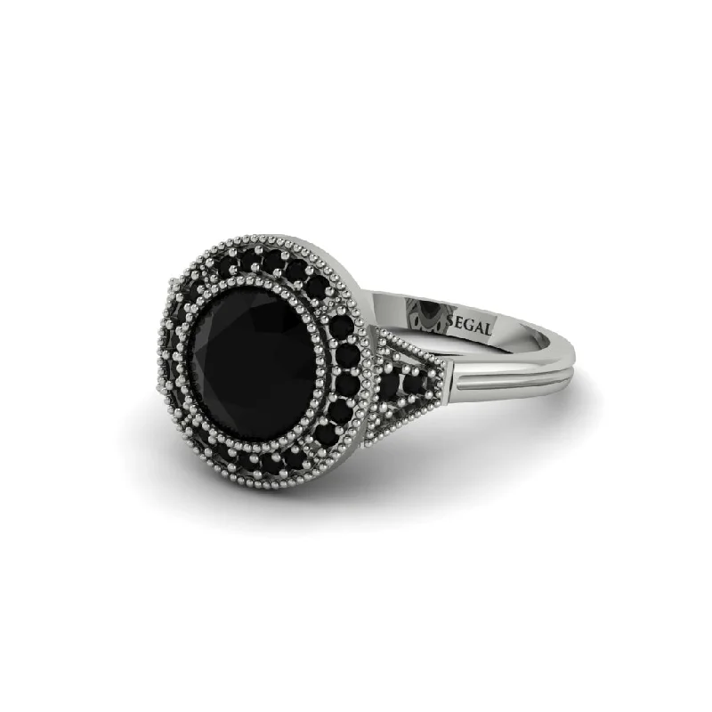 Ladies engagement rings delicate bands-Round Cut Black Diamond Milgrain Halo Engagement Ring - Maggie No. 39