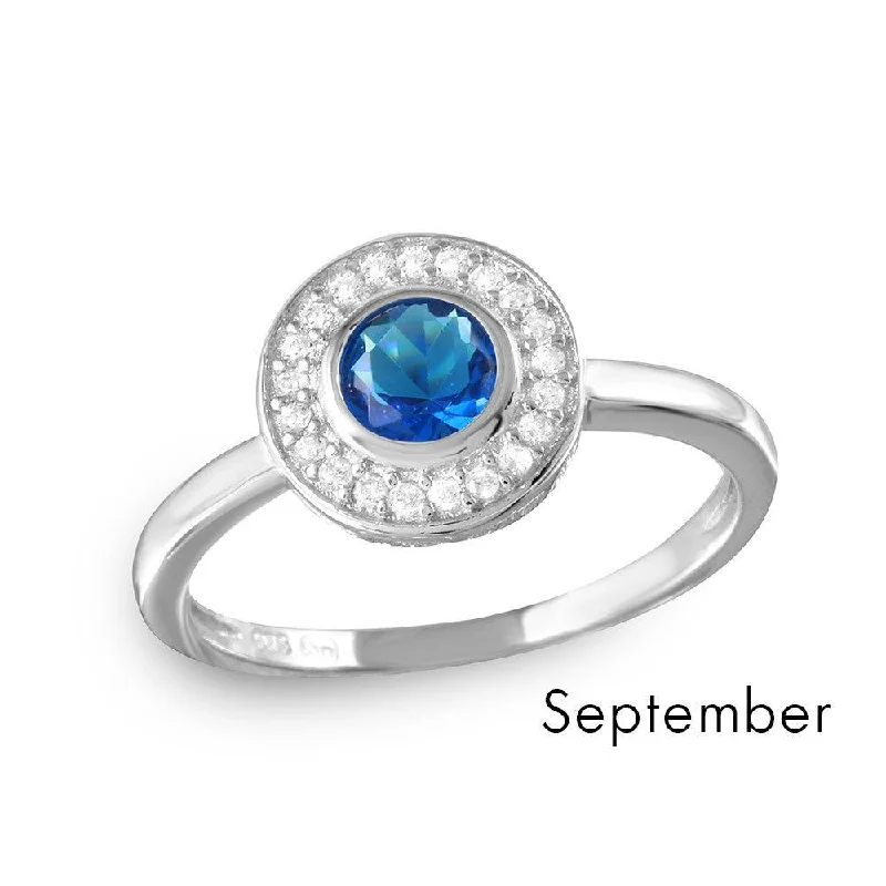 Ladies rings couple sets-September Sterling Silver 925 Rhodium Plated CZ Center Birthstone Halo Ring - BGR01082SEP