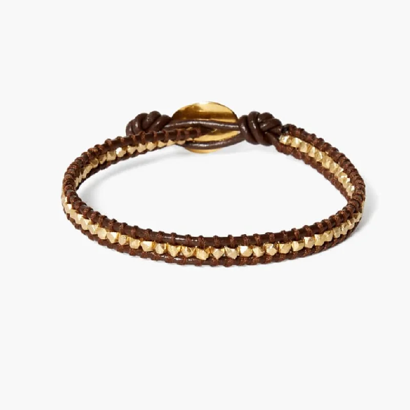 Ladies bracelets social media trends-Single Vermeil Nugget Wrap Bracelet with Brown Leather