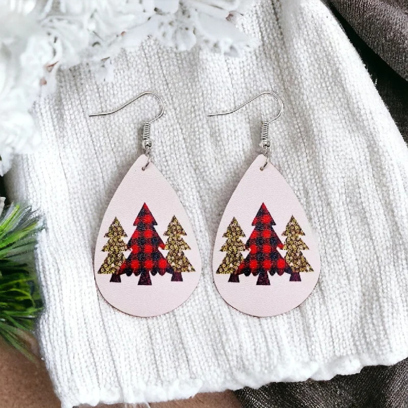 Ladies rings heart motifs-Leather Christmas Tree Drop Earrings