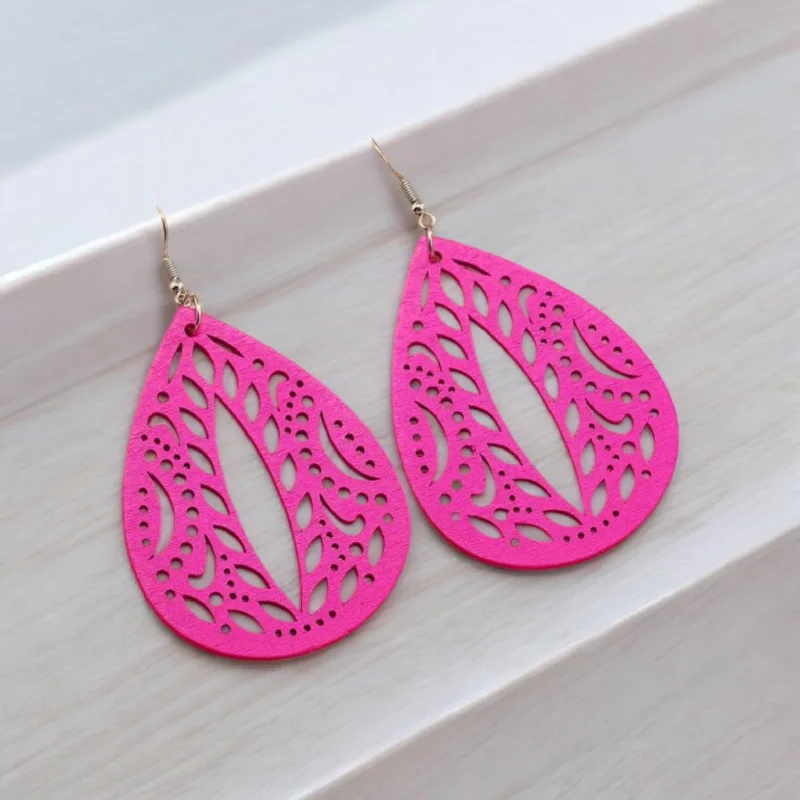 Ladies rings age suitability-Hot Pink Hollow Out Wooden Earrings