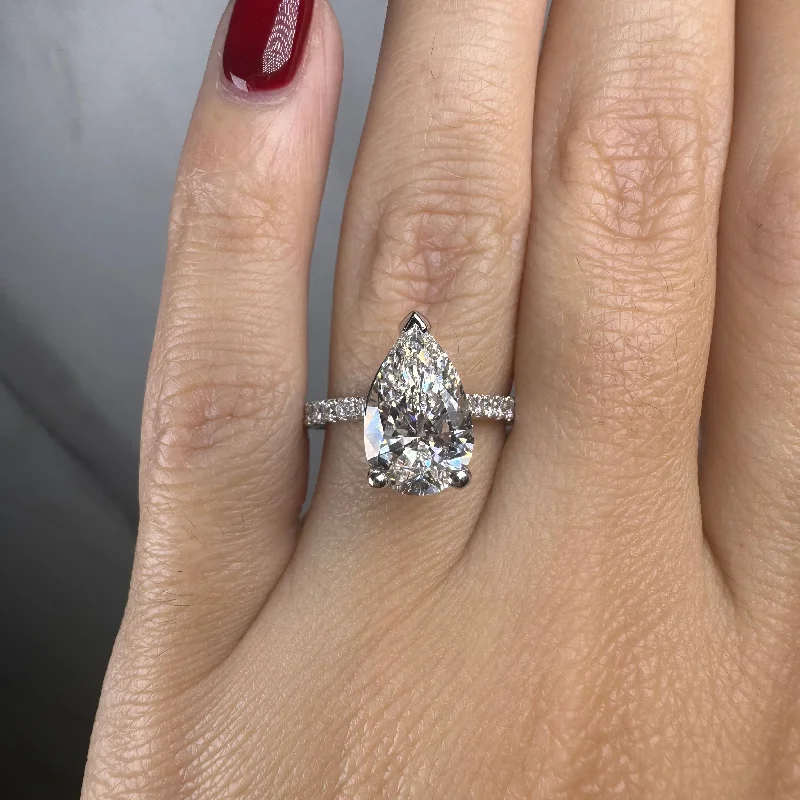 Ladies engagement rings warranty plans-"Starry" 5 Carat Pear Shape Diamond Shoulder Engagement Ring