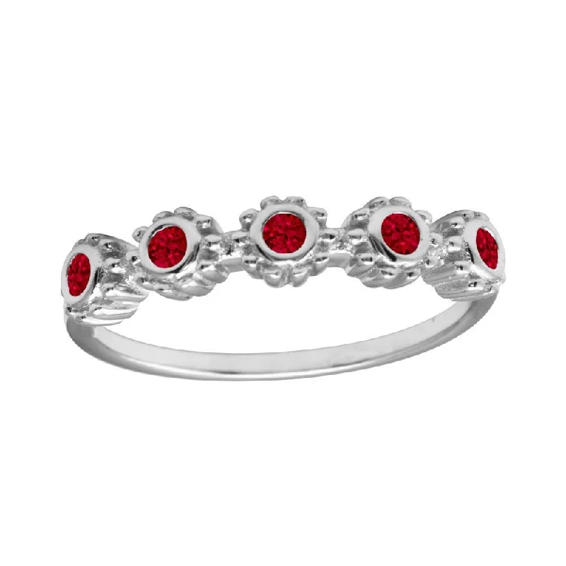 Ladies rings natural gems-Rhodium Plated 925 Sterling Silver 5 Flower Red CZ Ring - BGR01224RED