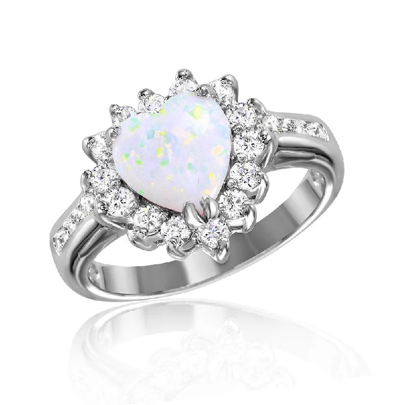 Ladies rings gold styles-Silver 925 Rhodium Plated Halo Heart with Synthetic Opal Center Stone Ring - BGR01026