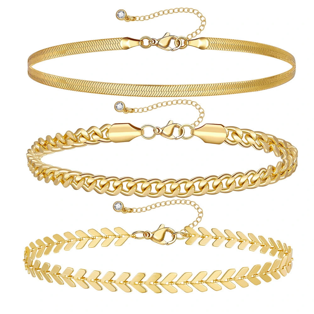 Ladies bracelets online shopping-Dainty 14k Gold Plated Layering Anklets Bracelets Set- Fishbone & 6mm Cuban & Snake