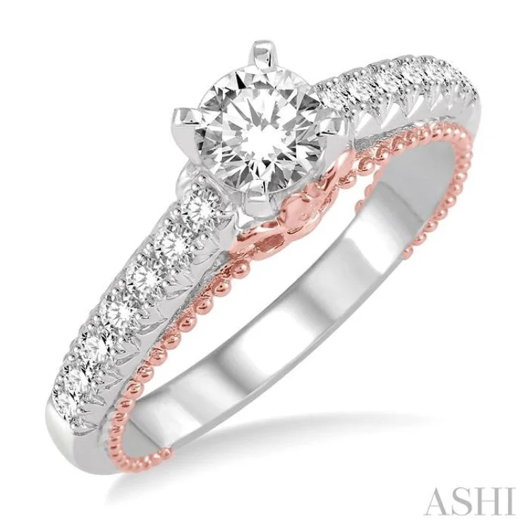 Ladies engagement rings vintage looks-7/8 Ctw Diamond Engagement Ring with 1/2 Ct Round Cut Center Stone in 14K White and Rose Gold