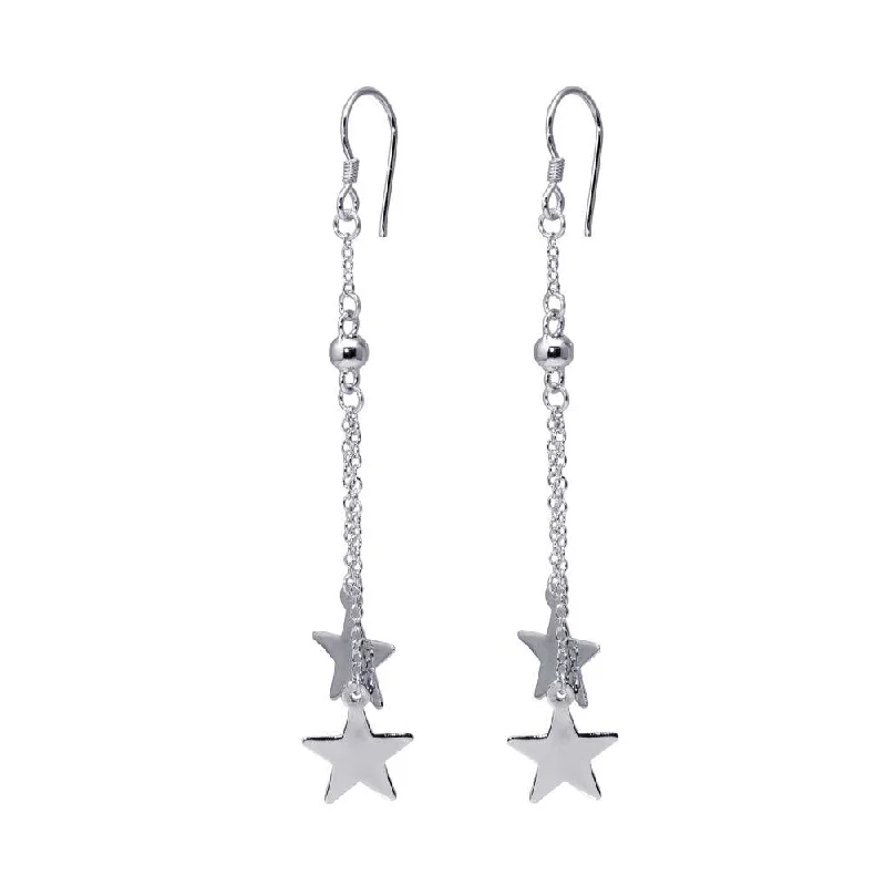 Ladies rings silver tones-Silver 925 Rhodium Plated Two Wire Dangling Solid Star Hook Earrings - DSE00037