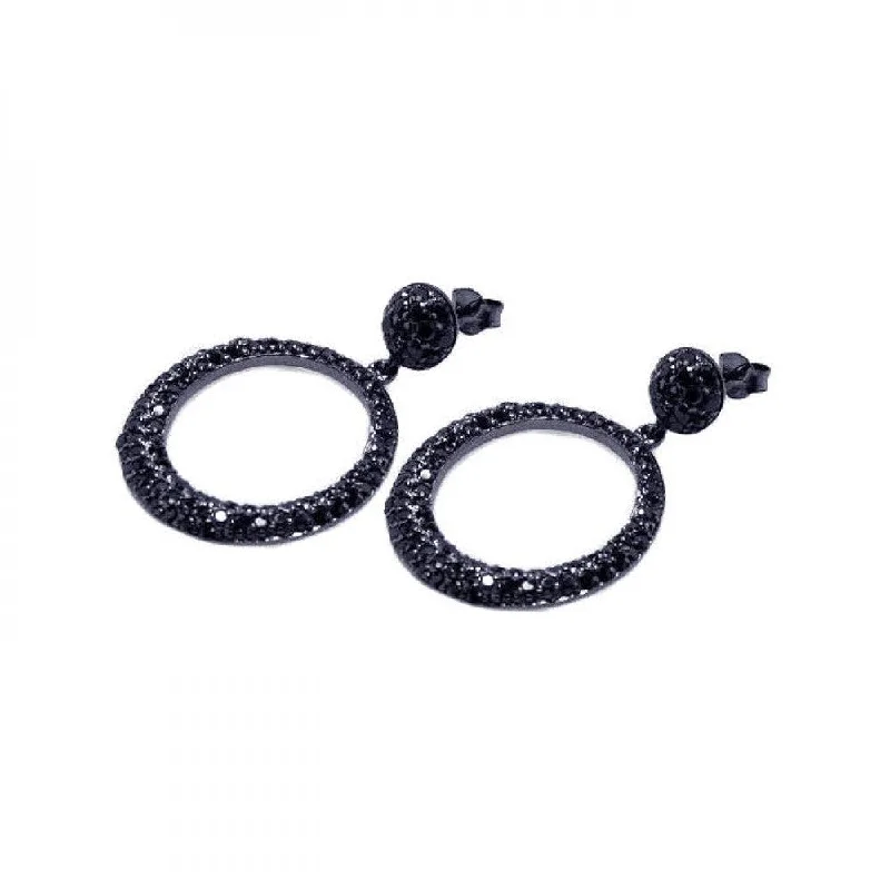 Ladies rings stacking trends-Clearance-Silver 925 Black Rhodium Plated Round Black CZ Dangling Earrings - STE00277