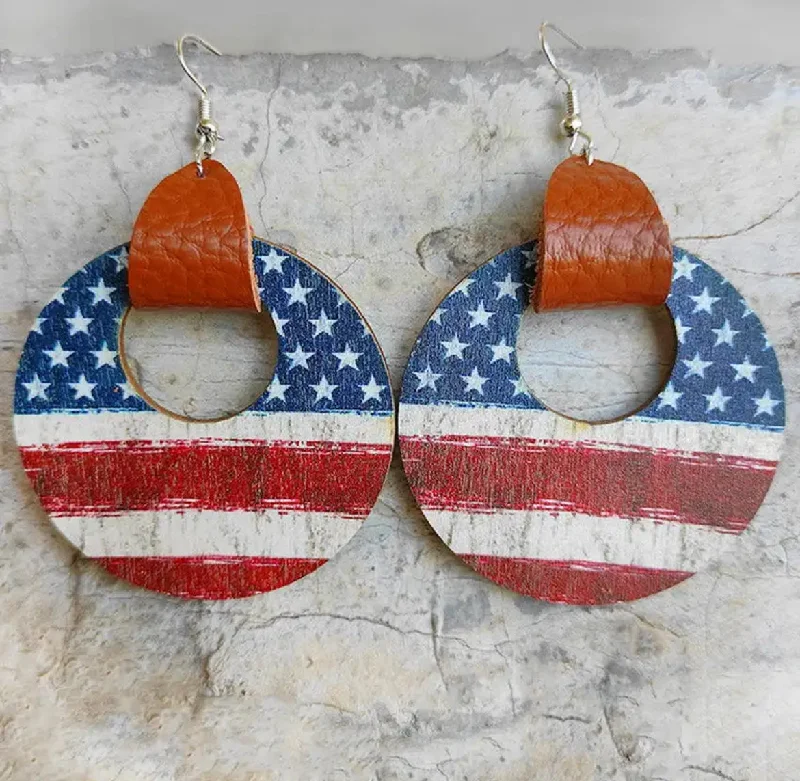 Ladies rings standout pieces-Leather Wrapped Round Wooden American Flag Earrings