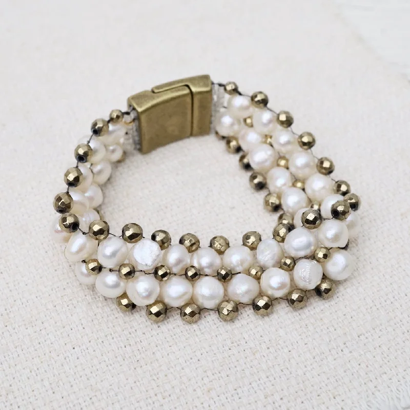 Ladies bracelets proposal surprises-Hand Woven Soft Bracelet of White Pearls & Pyrite