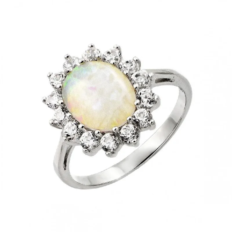 Ladies rings thumb designs-Silver 925 Rhodium Plated White Opal Center Clear CZ Sun Ring - STR00991