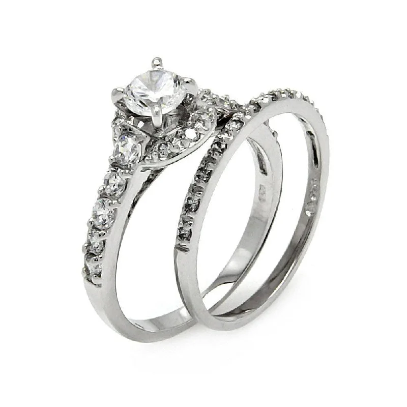 Ladies rings memory keepsakes-Silver 925 Rhodium Plated Clear Round Center Pave Set CZ Bridal Ring Set - BGR00452