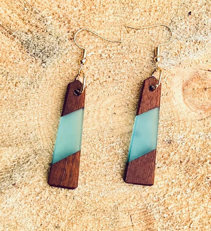 Ladies rings collectible items-Wood and Blue Resin Earrings