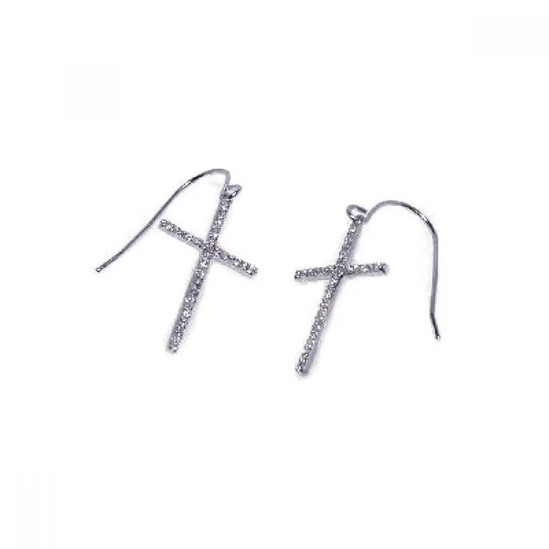 Ladies rings animal themes-Silver 925 Rhodium Plated Cross CZ Dangling Hook Earrings - STE00107