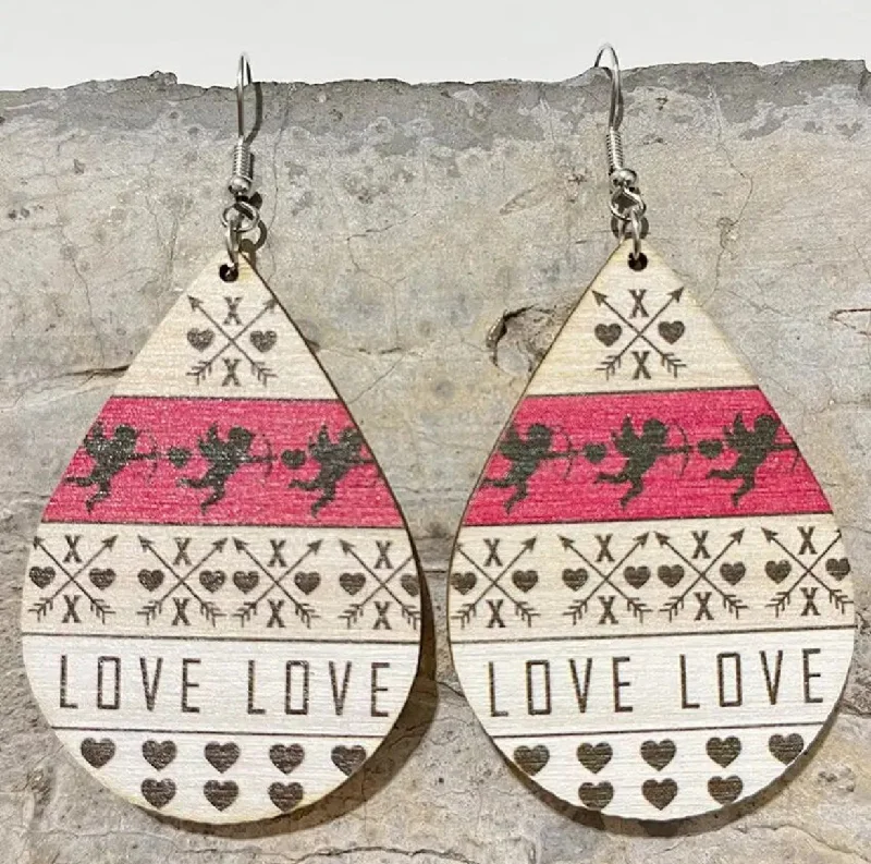 Ladies rings cute accents-Vintage Wooden Valentine's Day Drop Earrings