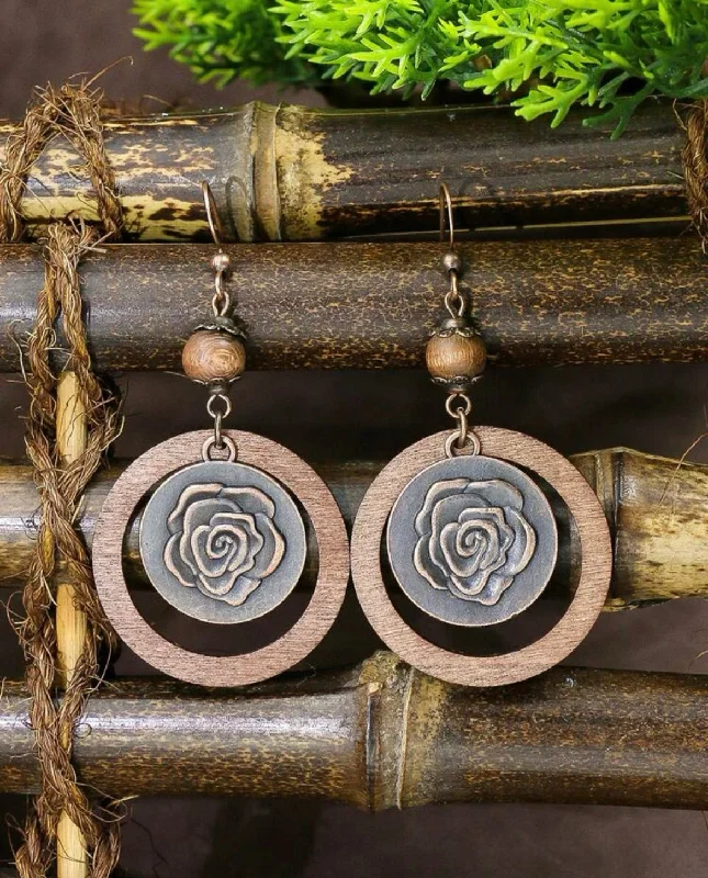 Ladies rings minimalist charm-Round Wooden Rose Drop Earrings