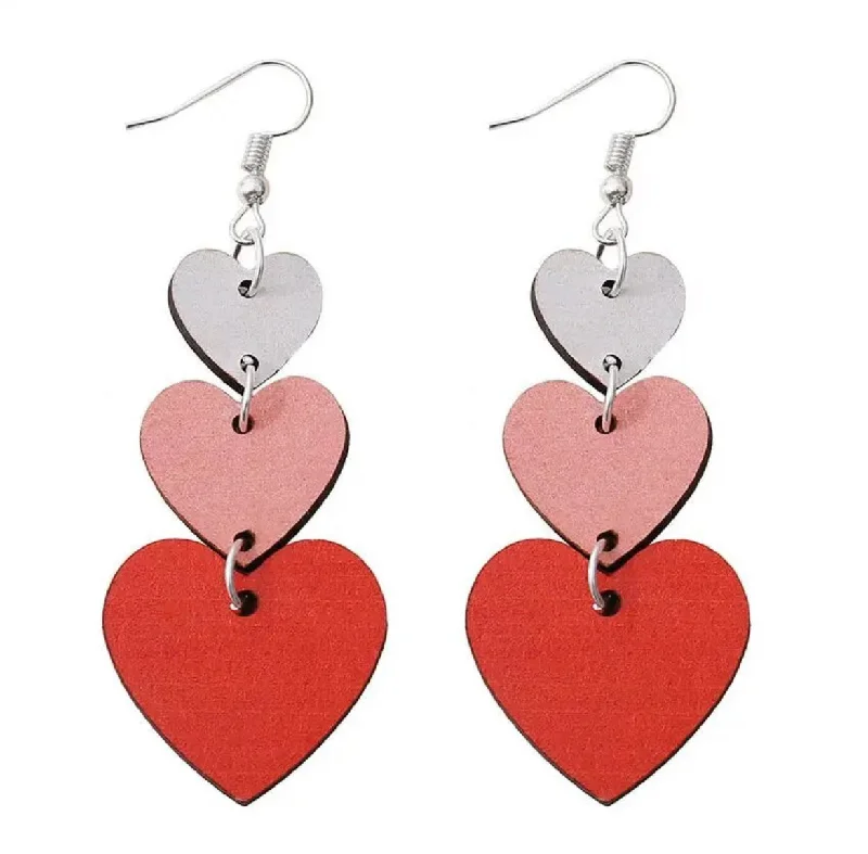 Ladies rings gold styles-Red, White, and Pink Wooden Heart Drop Earrings