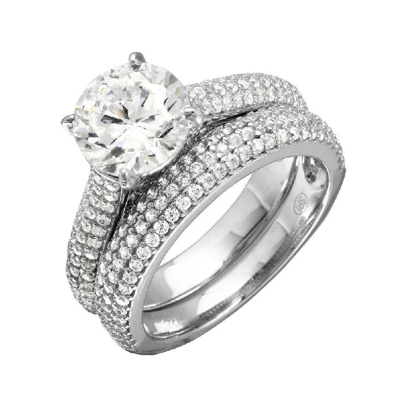 Ladies rings classic looks-Rhodium Plated 925 Sterling Silver Micro Pave Shank Bridal Single Center Stone Ring - GMR00204