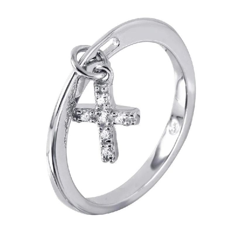 Ladies rings elegant looks-Silver 925 Ring Dangling Cross with CZ Accents - BGR00939