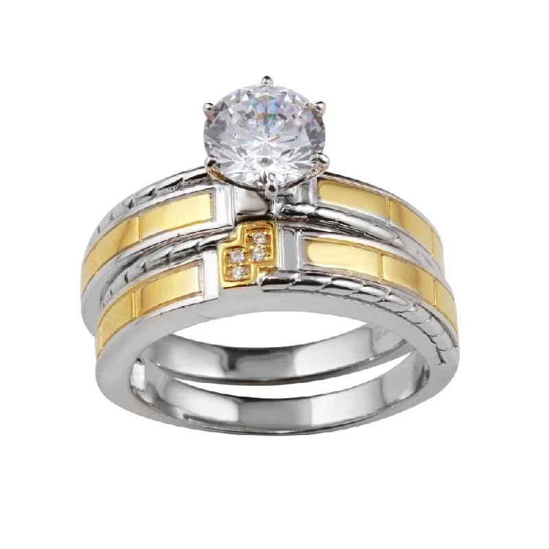 Ladies rings diamond details-Two-Tone 925 Sterling Silver His and Hers Ring Set with CZ - GMR00257RG