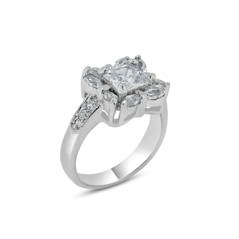 Ladies rings index finger-Rhodium Plated 925 Sterling Silver Clear Center CZ Square Bridal Ring - BGR00559