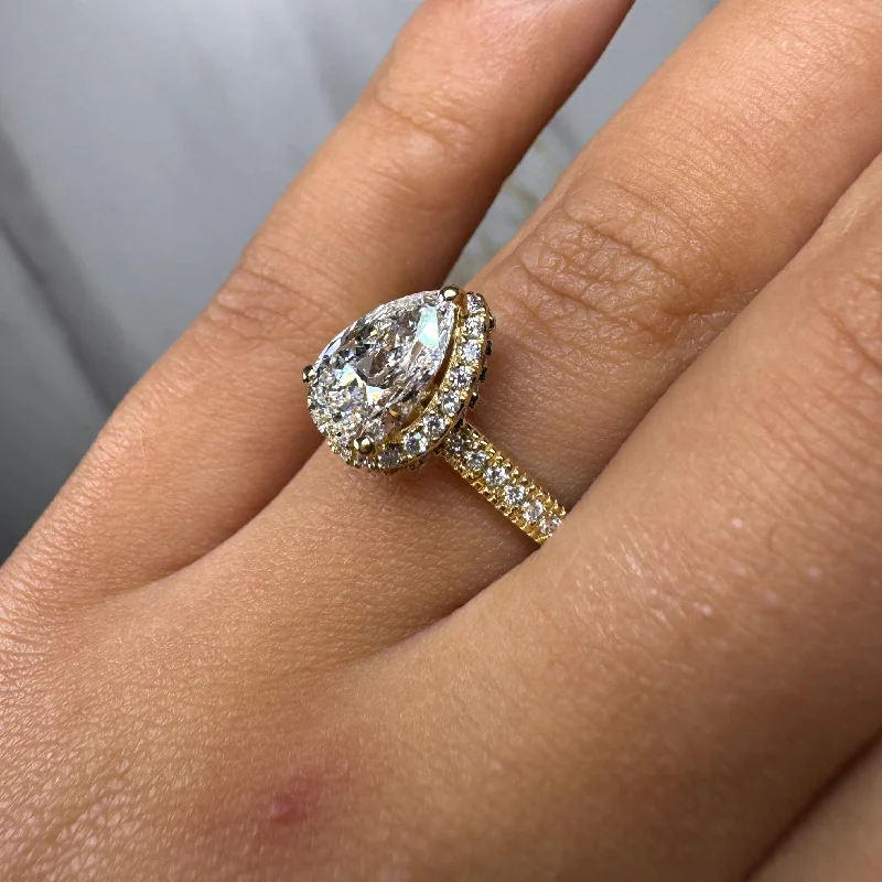 Ladies engagement rings store locations-"Brianca" Halo Pear Cut 4 Carat Diamond Shoulder Engagement Ring